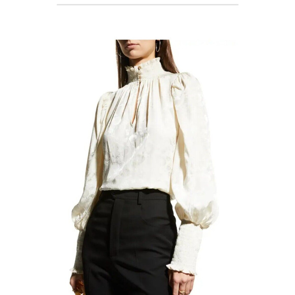 Shoshanna Lyam High-Neck Bishop Top Long Sleeve Ruffle Smocked Cuffs Small - Picture 1 of 7